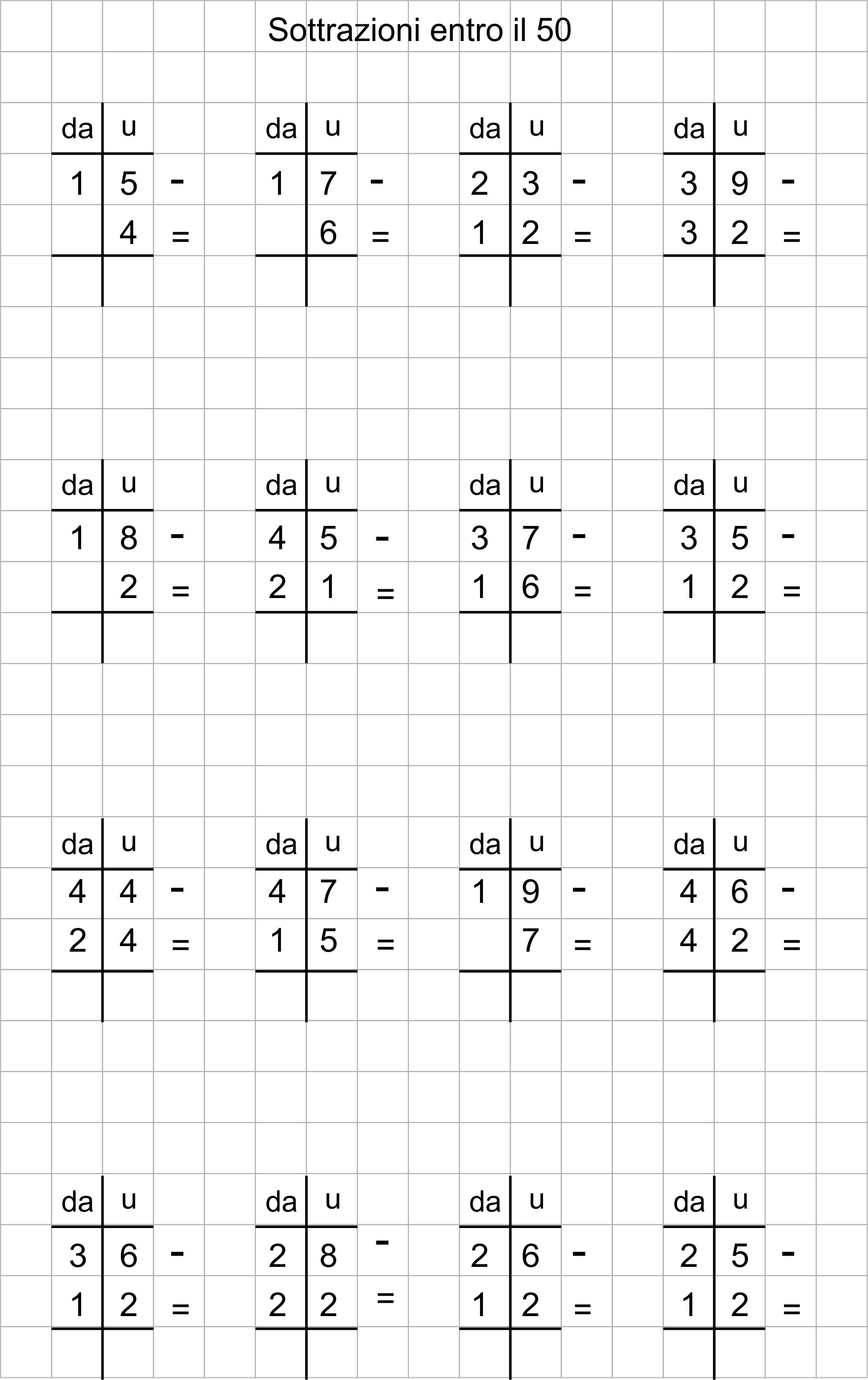 Classe Seconda Matematica Schede Per Operazioni Entro Il 50 Scolasticando It