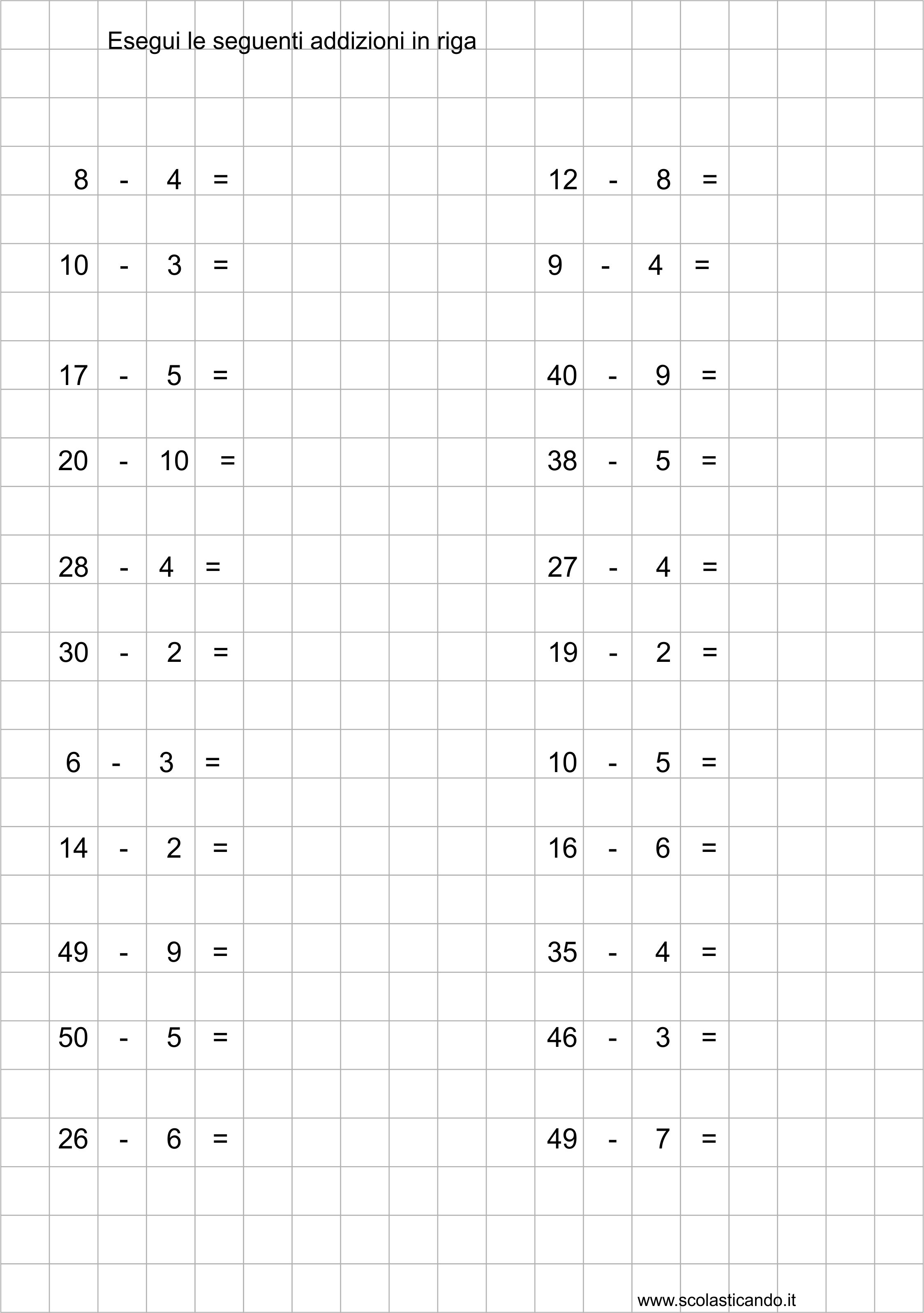 Classe Seconda Matematica Addizioni E Sottrazioni In Riga Maggiore Minore